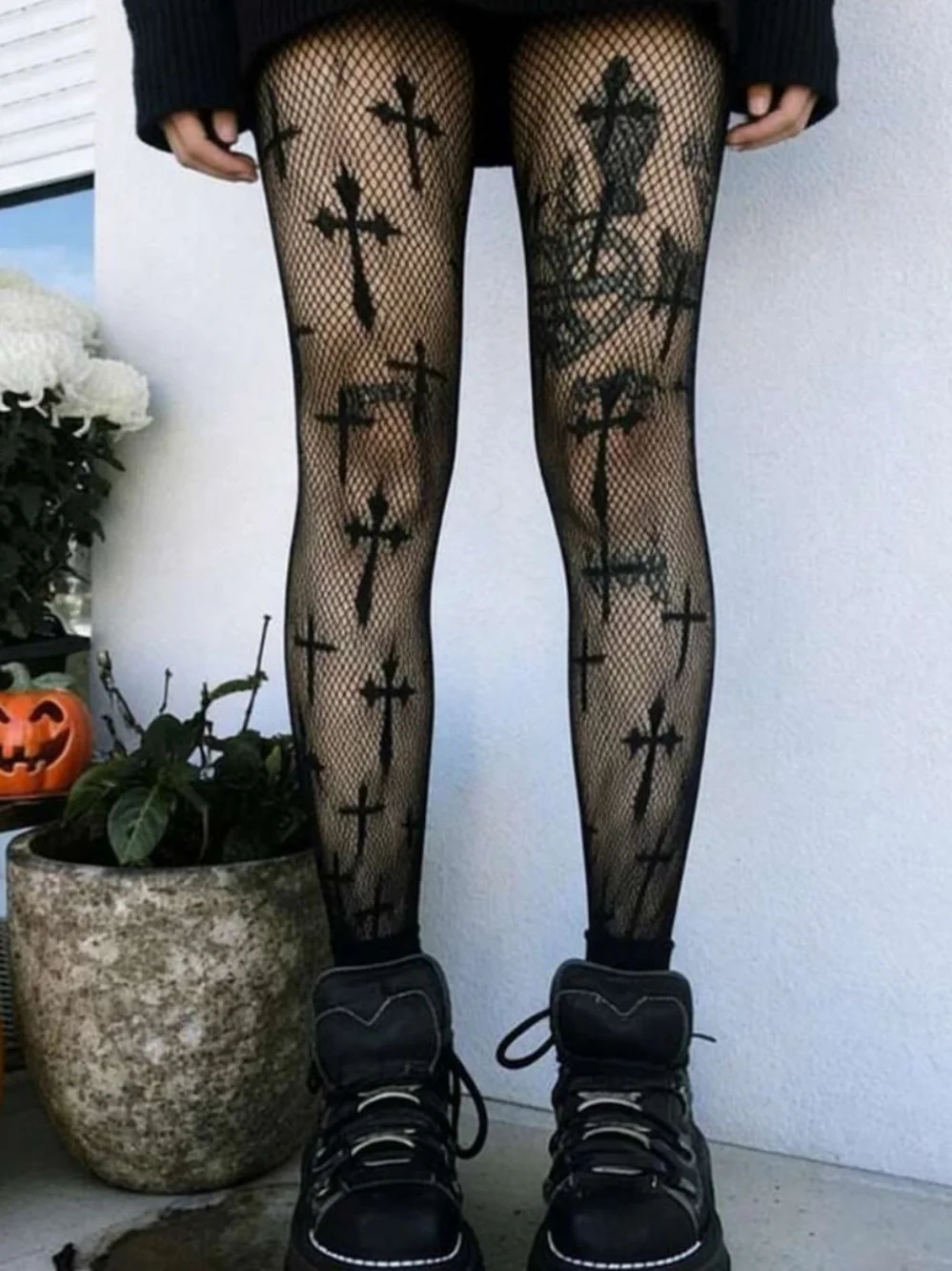 Black Cross Fishnet Tights